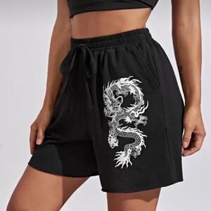 Black and‎ White Athletic Shorts with Dragon Design